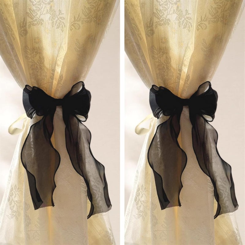 RandomParty 2 Pack French Silky Bow Curtain Tiebacks, Elegant Lace Ribbon for Curtains Decorative Rope Accessories Home Décor (Black,2) - Image 1
